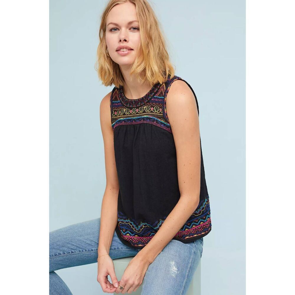 Akemi + Kin Anthropologie Mesa Embroidered Black Tank Top 4 Preppy Boho Festival